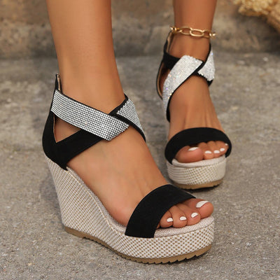 Fish Mouth Wedge Sandals with Rhinestones for Women Summer 