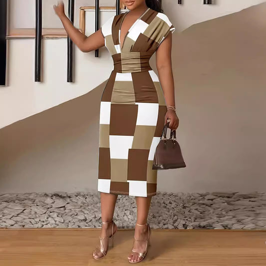 Simple V-neck Hip Printed Dress