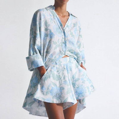 Womens Casual Loose Long Shirt and High Waist Shorts Belted Set