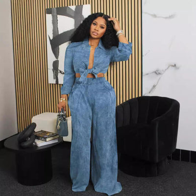 Women's Long-sleeved Casual Shirt Wide-leg Pants