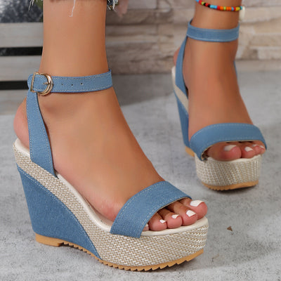 High heel denim fabric ankle-strap sandals for women with PU lining and fish mouth toe design, featuring a buckle closure.